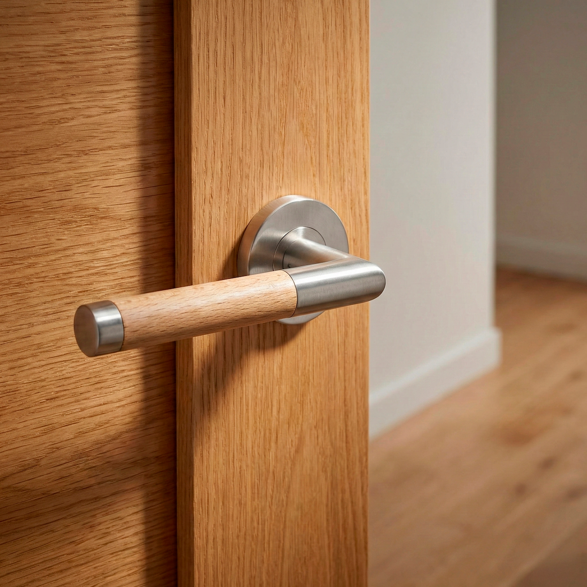 Deurkruk model '1003' met ronde roestvrijstalen rozet en handgreep bekleed met hout voor deuren