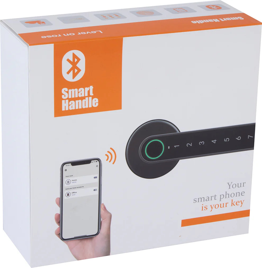 Elektronische deurklink met ronde rozet in zwarte afwerking met vingerafdruk, pincode en bluetooth