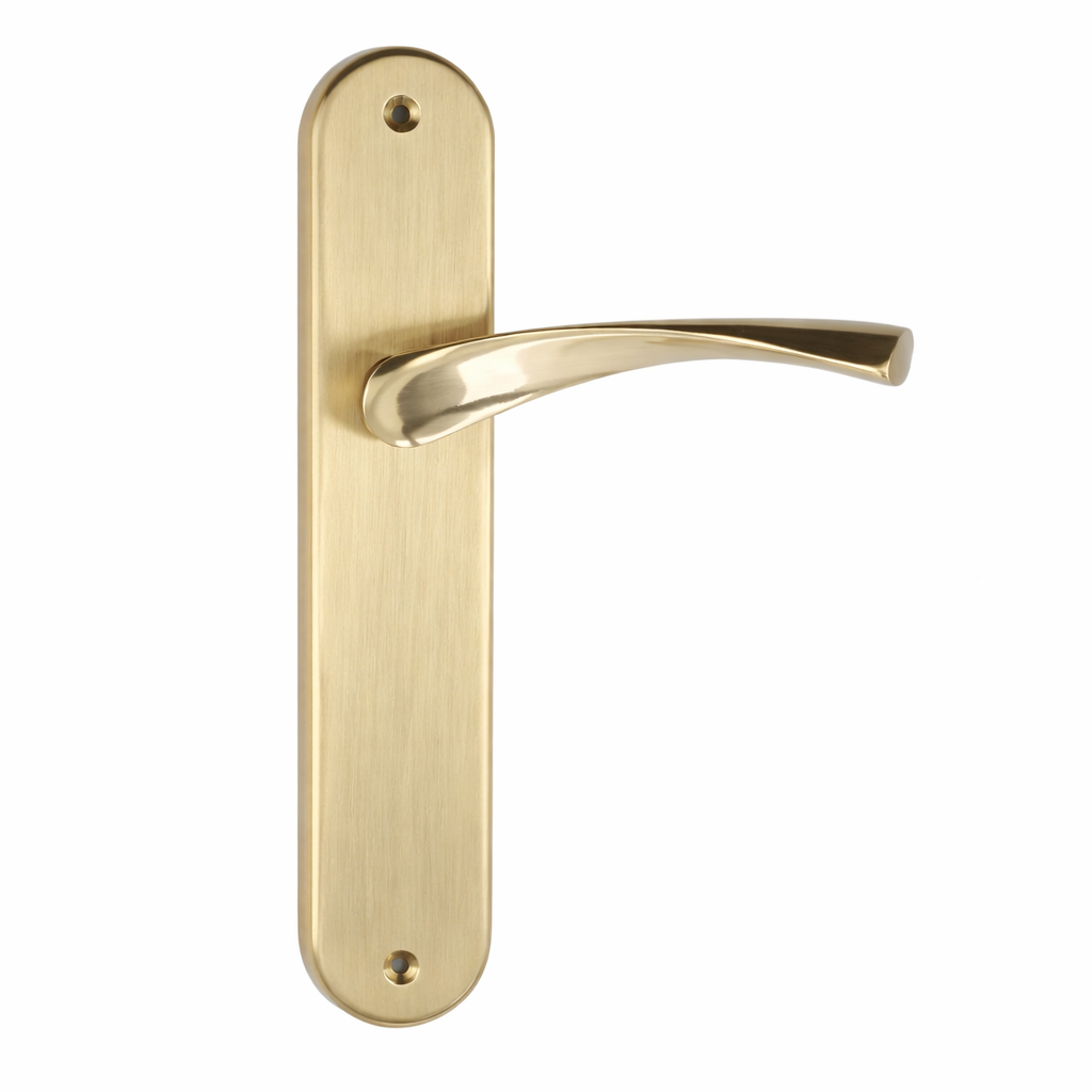 Deurkruk model '136' met ovaal schild van zamak in gesatineerd gouden afwerking