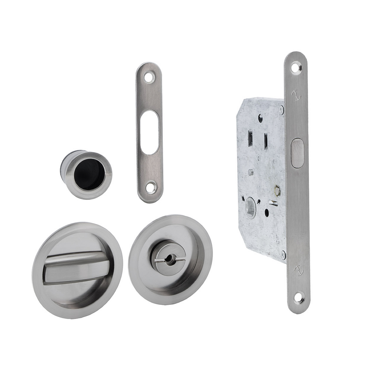 Schuifdeurbeslagset met slot en knop, inclusief ronde inlaatgrepen in gesatineerd nikkel finish