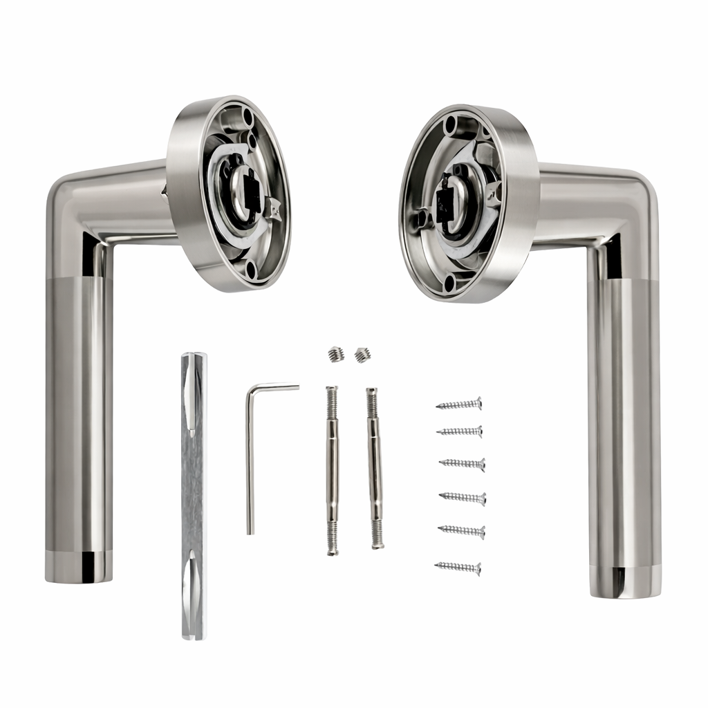 Zamak deurkruk model '140' in tweekleurige afwerking met ronde rozet voor binnendeuren