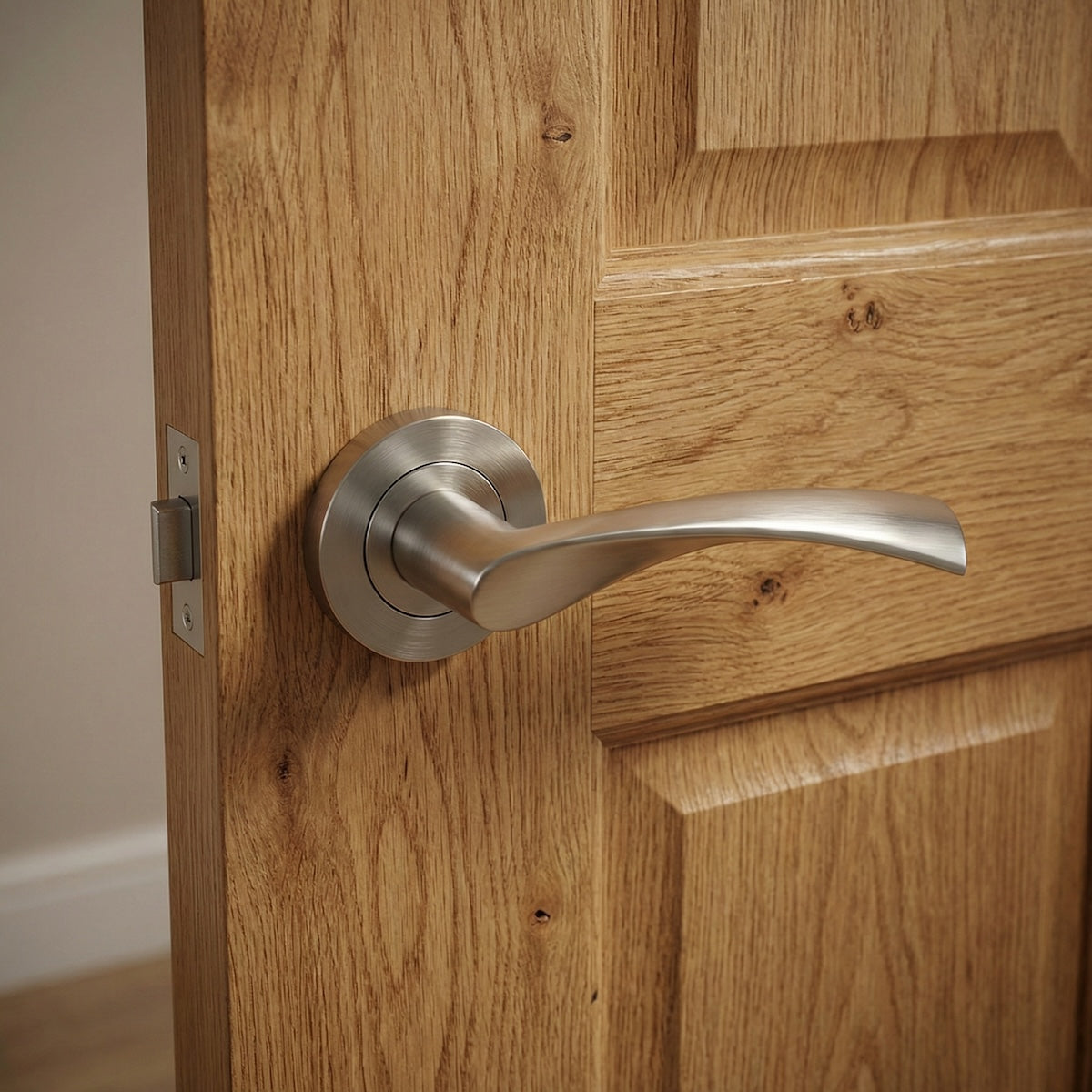'130' zamak deurklink met ronde rozet in gesatineerd nikkel finish