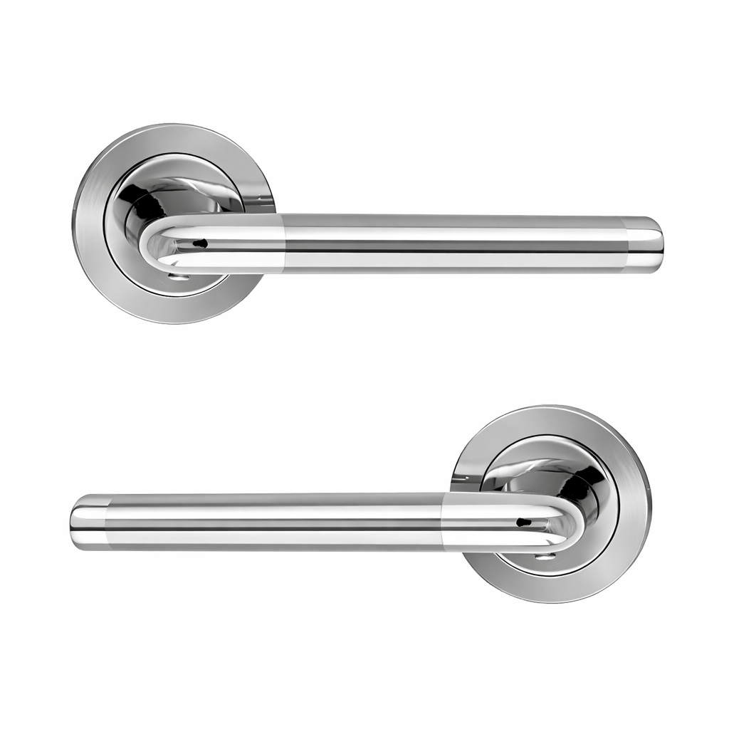Rechte deurklink model '140A' van aluminium met ronde rozet voor deuren