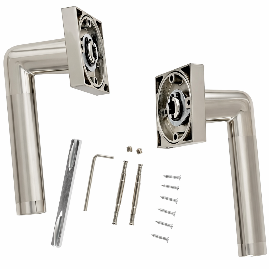 Deurkruk model '140' van zamak met vierkante rozet en tweekleurige afwerking voor deuren