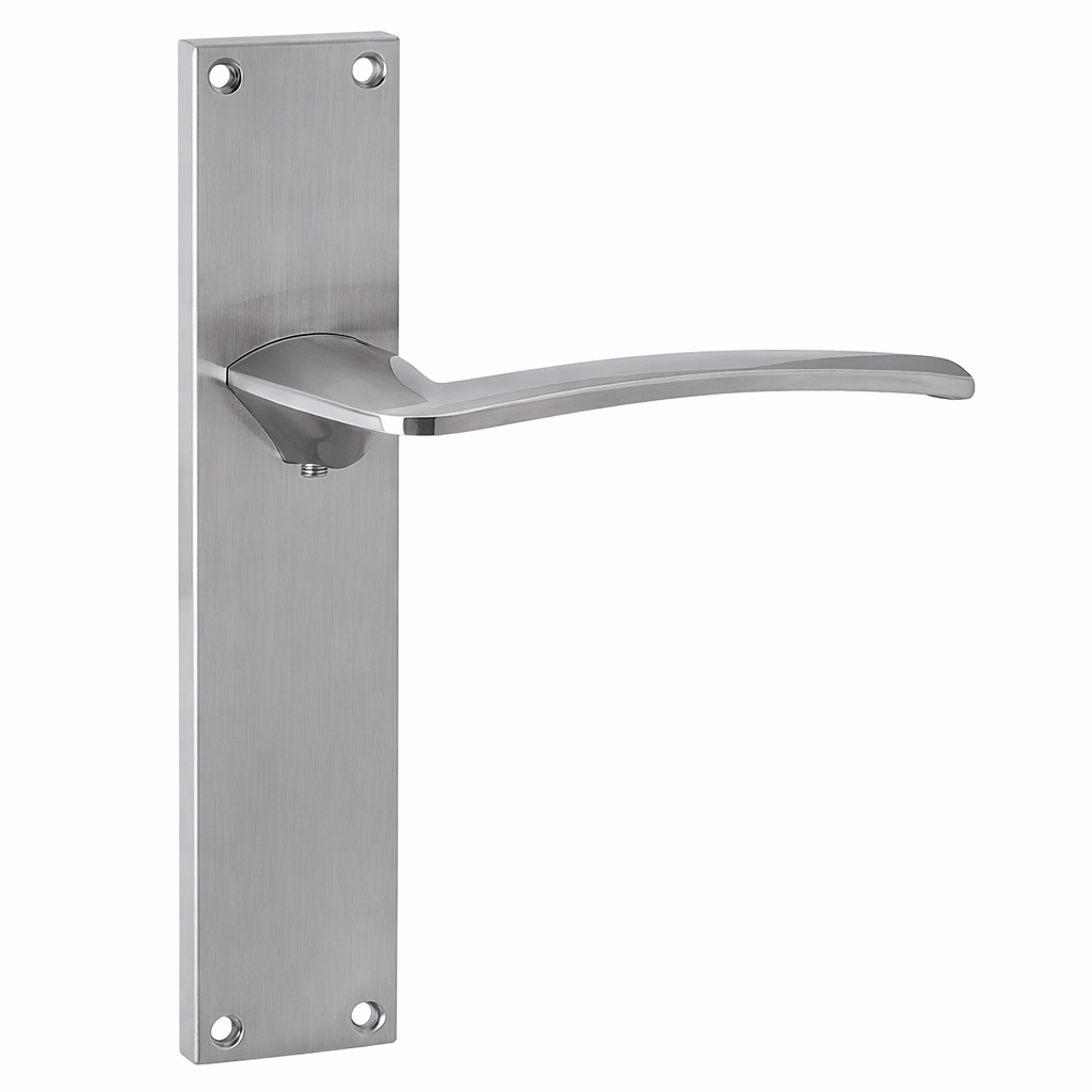 Deurkruk model '340' met rechthoekig schild voor zamak deuren in gesatineerd nikkel finish