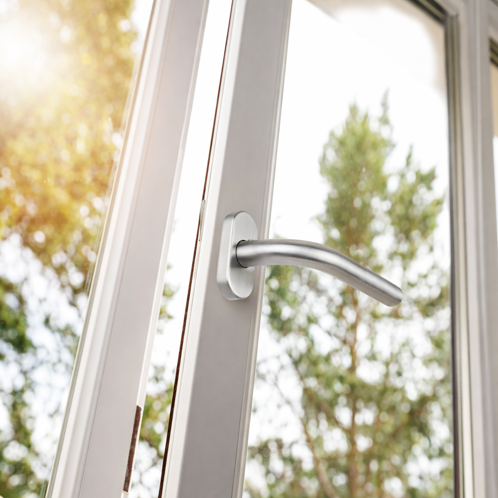 Deurkruk model '403' met smalle ovale rozet in roestvrij staal voor aluminium deuren