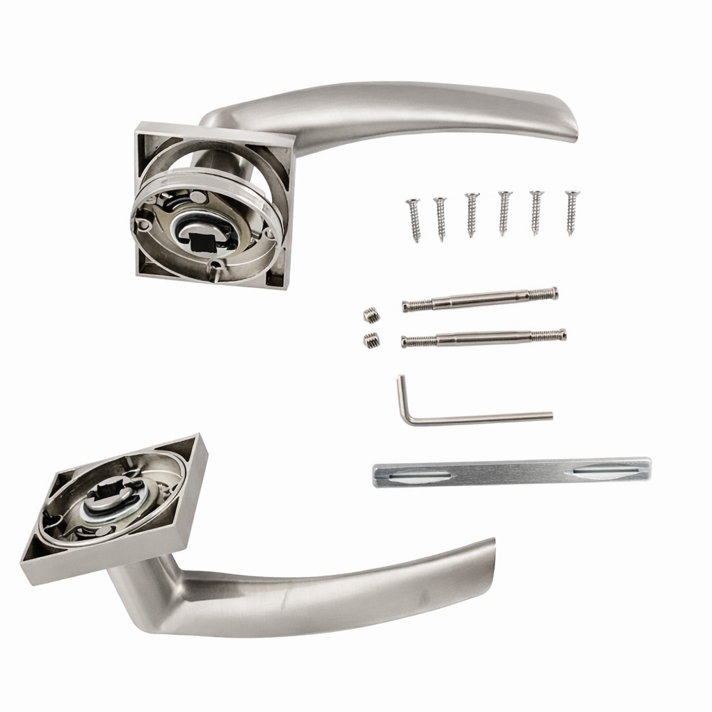 '130A' aluminium deurkruk in gesatineerd nikkel met vierkant rozet
