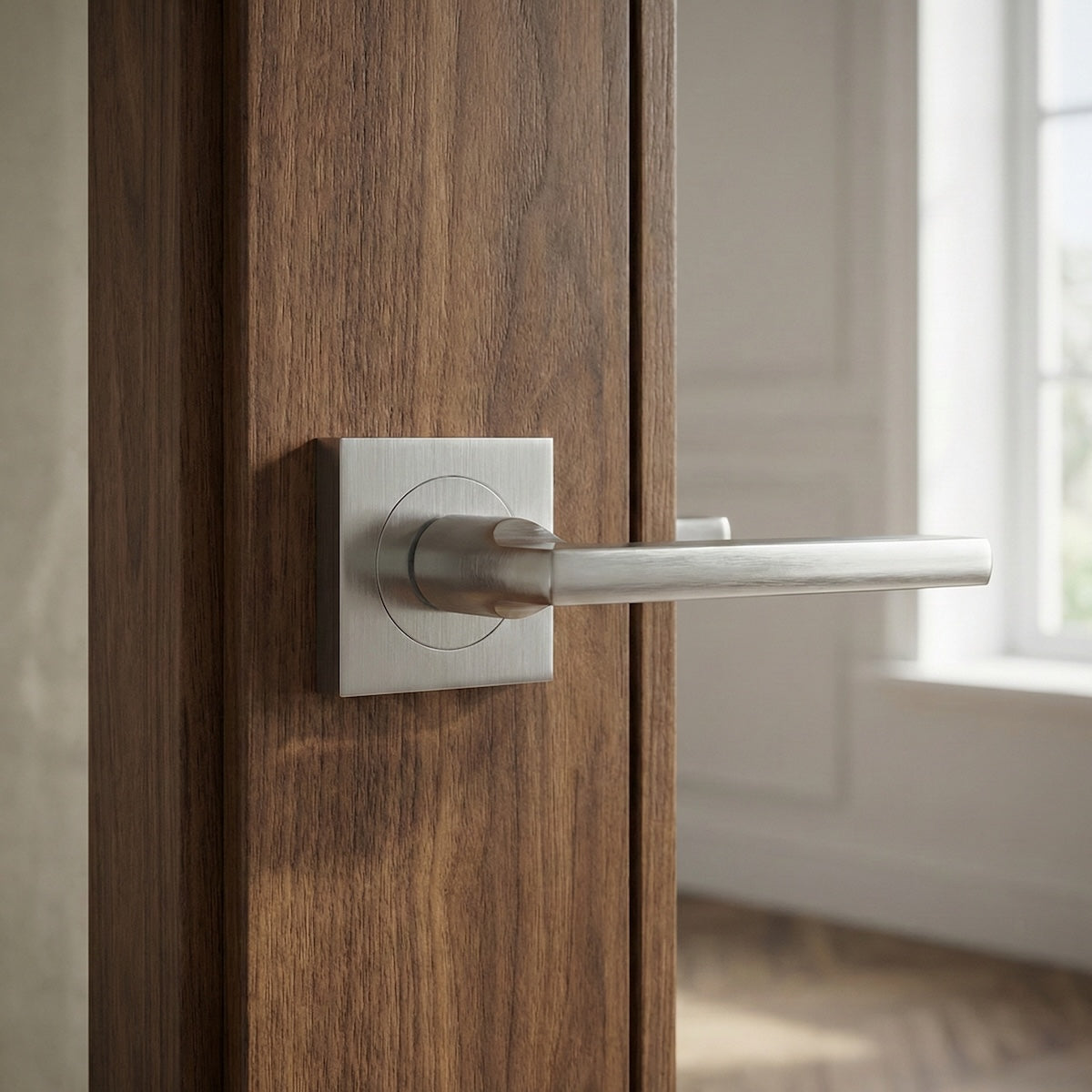Deurkruk model Rental '530A', vierkante rozet van aluminium voor deuren, satijn nikkel afwerking