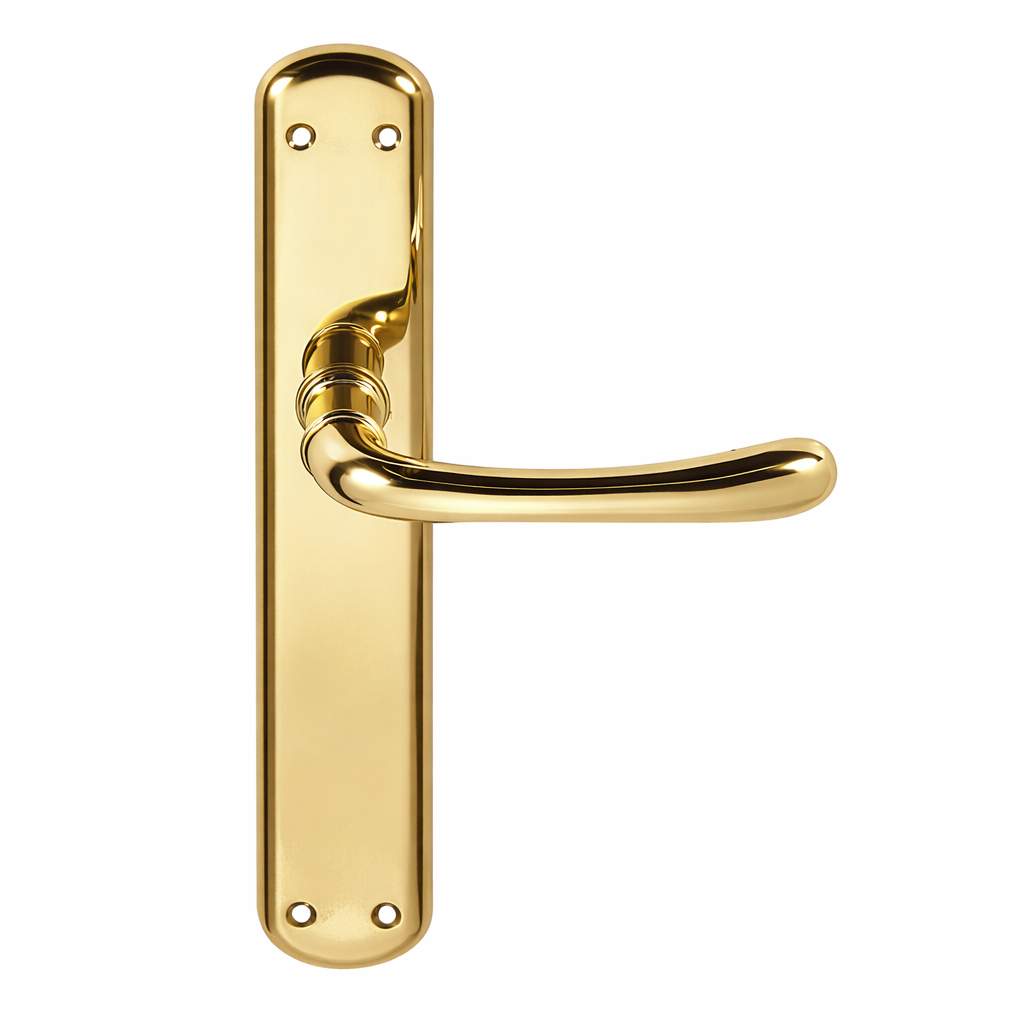 Deurkruk model '6501' van zamak met glanzend gouden afwerking en ovaal schild voor deuren