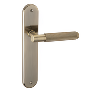Deurkruk met ovaal schild van 250x48 mm in zamak met lederen afwerking voor deuren