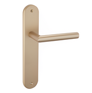 Deurkruk met ovaal schild van 250x48 mm in mat messing voor deuren
