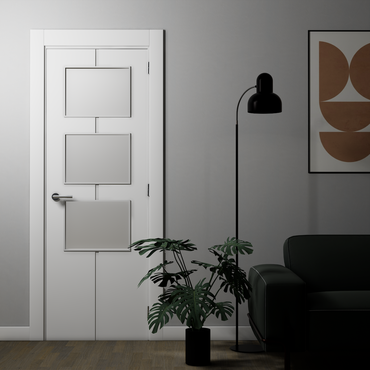 HEAV-deur met 3 ramen, als blokdeur 2030x905x35 met massieve kern in witte afwerking