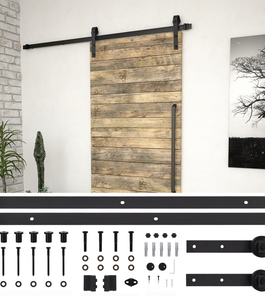 Zwarte beslagset met softclose voor een externe houten schuifdeur in boerderijstijl