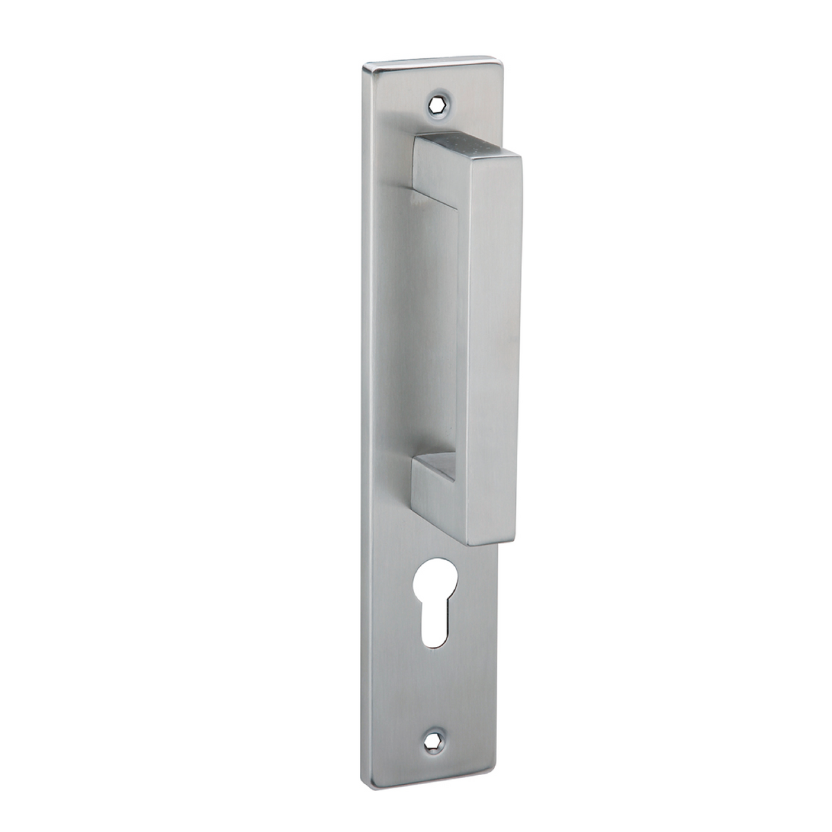 Deurkruk op rechthoekig schild met versprongen greep en sleutelgat, model 8004G