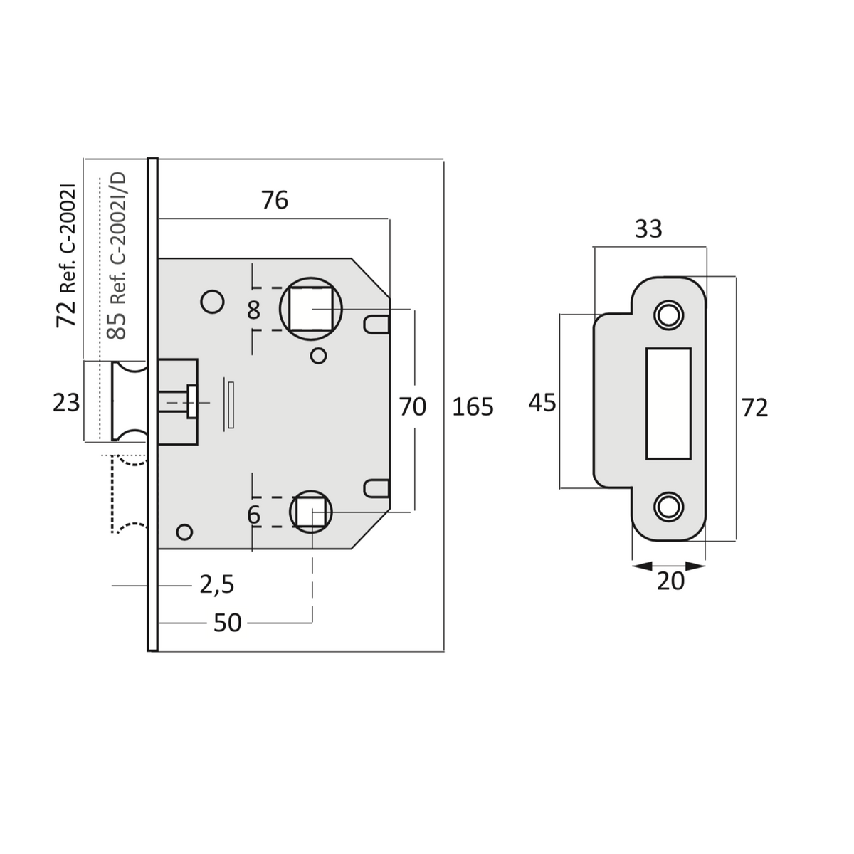 Insteekslot met doornmaat 70 mm, nikkel satijn, afgeronde voorplaat