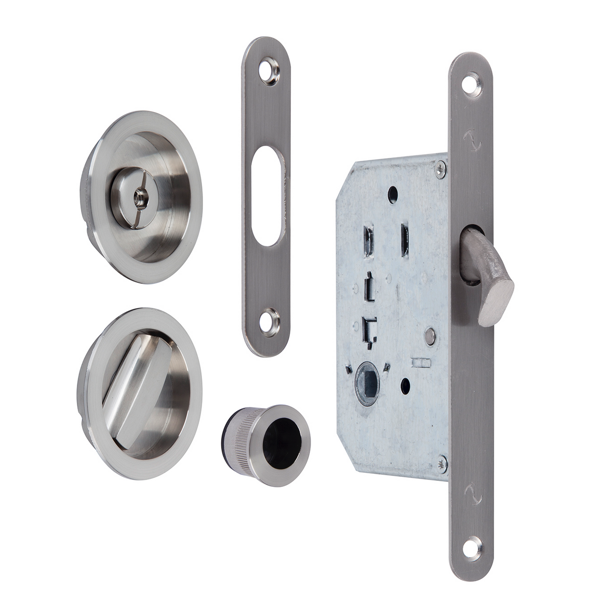 Schuifdeurbeslagset met slot en knop, inclusief ronde inlaatgrepen in gesatineerd nikkel finish