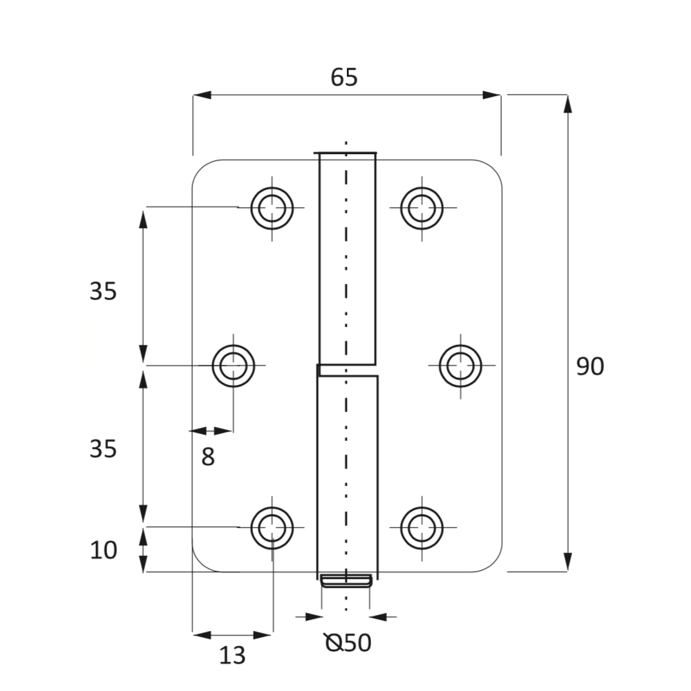 Roestvrijstalen paumelle met ronde hoeken voor deuren 90mm x 65mm