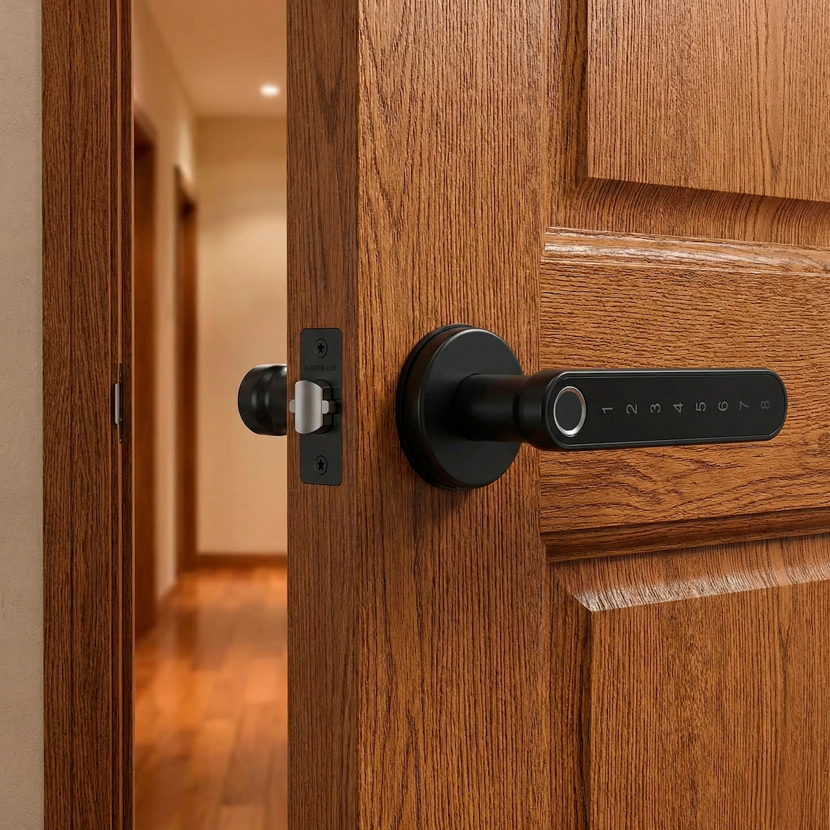 Elektronische deurklink met ronde rozet in zwarte afwerking met vingerafdruk, pincode en bluetooth